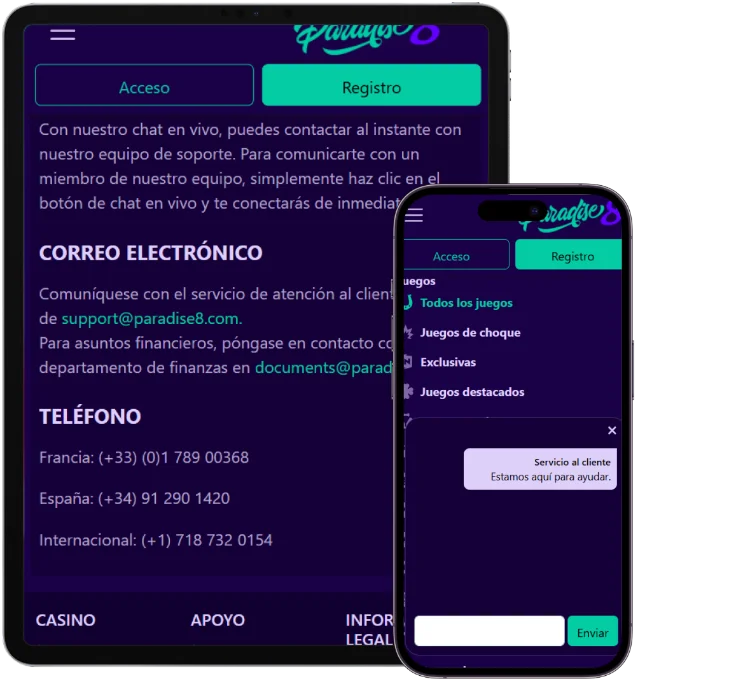 Paradise8 Casino página de soporte con contacto por correo, teléfono y chat en vivo